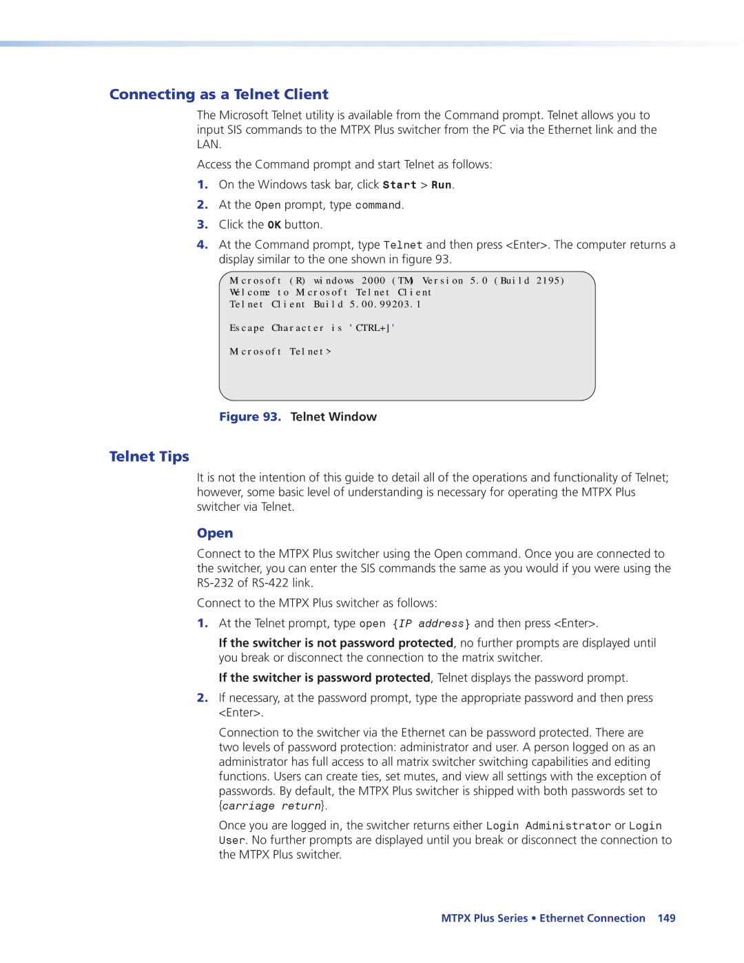 Extron electronic 68-1383-01 REV. E manual Connecting as a Telnet Client, Telnet Tips, Open 