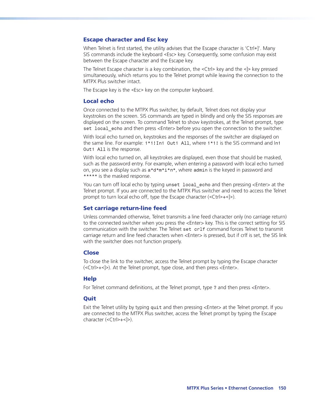 Extron electronic 68-1383-01 REV. E Escape character and Esc key, Local echo, Set carriage return-line feed, Close, Help 