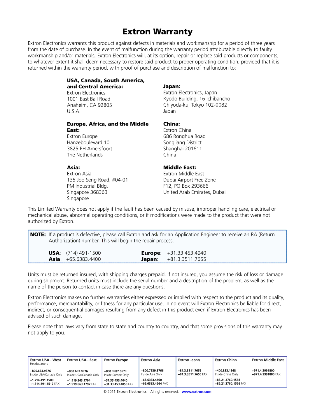 Extron electronic 68-1383-01 REV. E manual USA, Canada, South America Japan Central America, Asia Middle East, Europe 