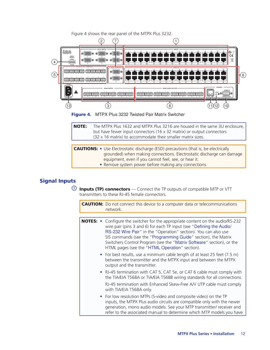 Extron electronic 68-1383-01 REV. E manual Signal Inputs, Mtpx Plus 3232 Twisted Pair Matrix Switcher 