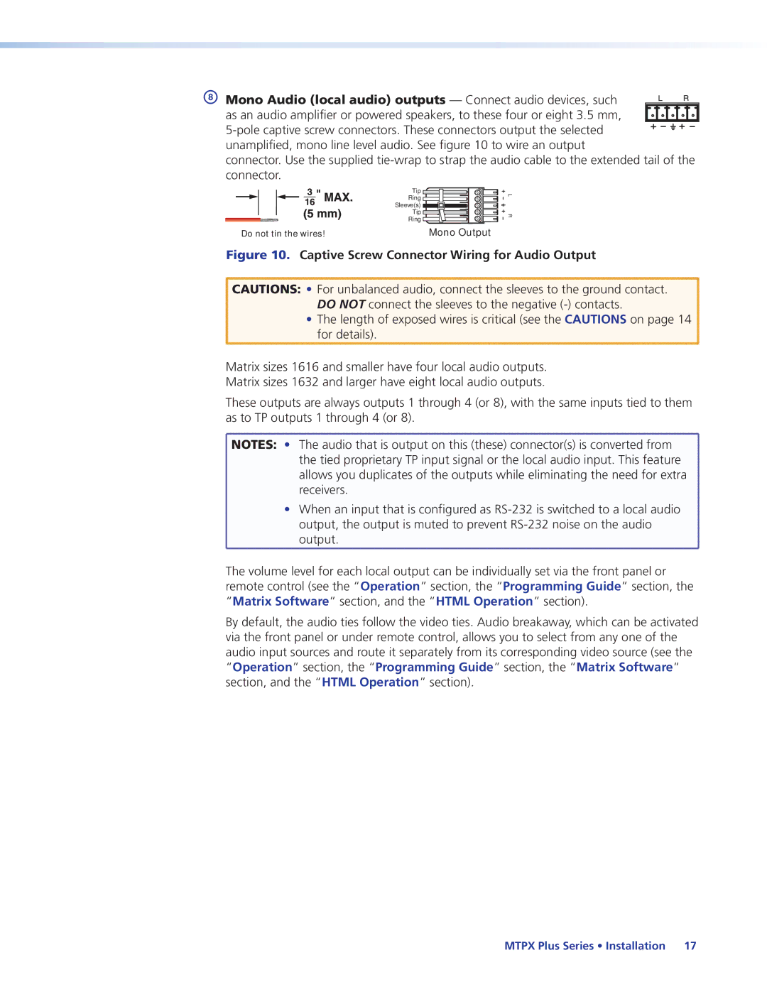 Extron electronic 68-1383-01 REV. E manual Captive Screw Connector Wiring for Audio Output 