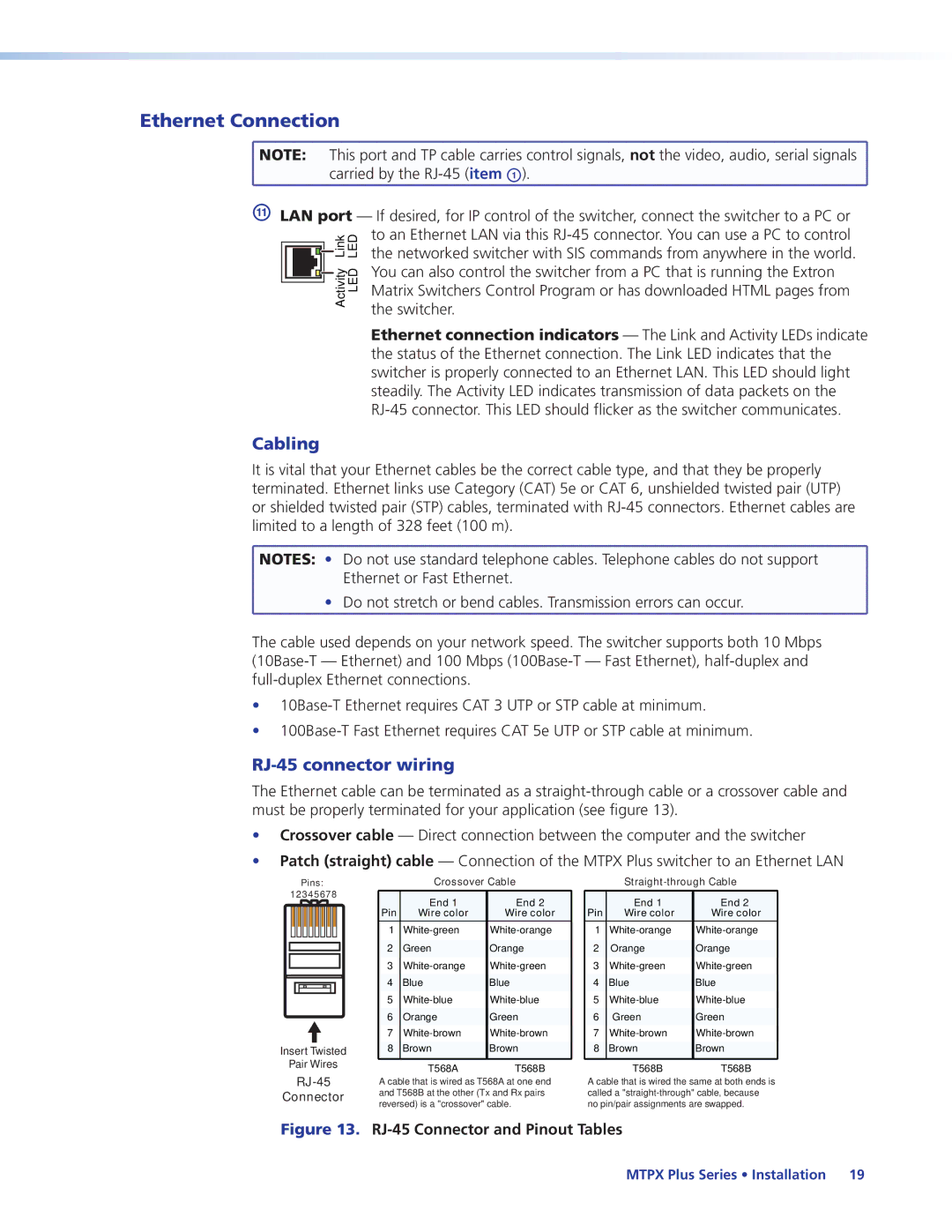 Extron electronic 68-1383-01 REV. E manual Ethernet Connection, Cabling, RJ-45 connector wiring, Switcher 