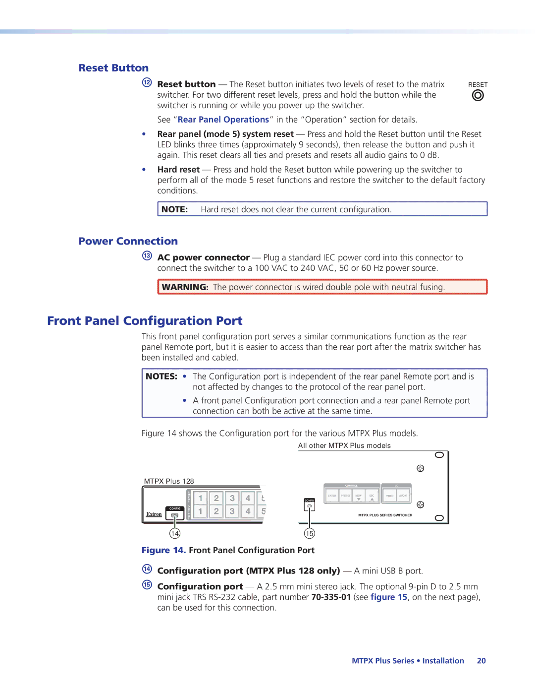 Extron electronic 68-1383-01 REV. E manual Front Panel Configuration Port, Reset Button, Power Connection 