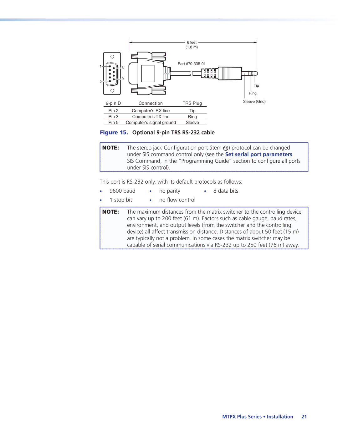 Extron electronic 68-1383-01 REV. E manual Optional 9-pin TRS RS-232 cable 