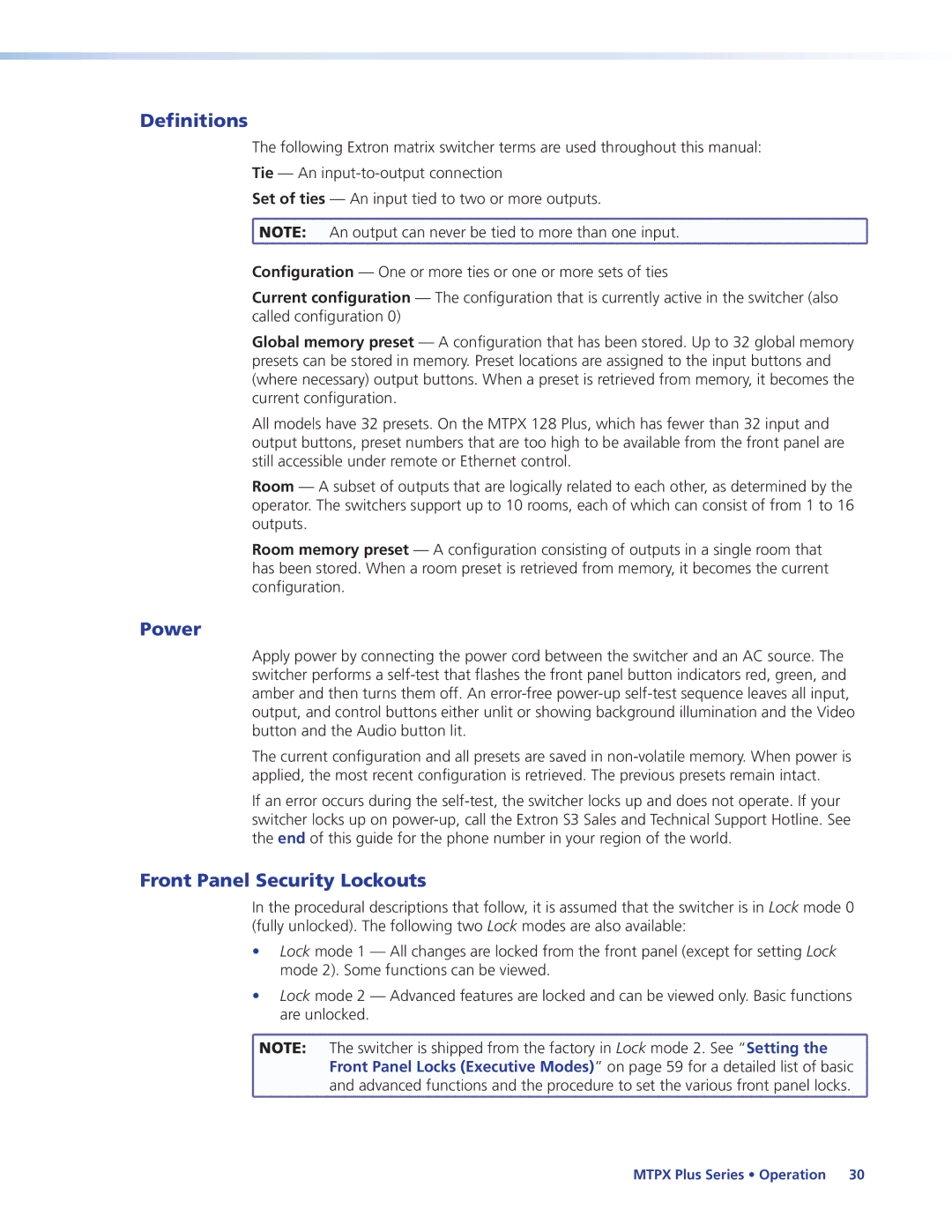 Extron electronic 68-1383-01 REV. E manual Definitions, Power, Front Panel Security Lockouts 