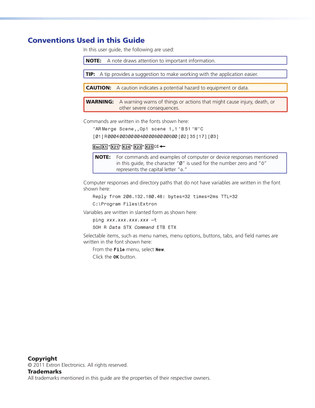 Extron electronic 68-1383-01 REV. E Conventions Used in this Guide, Variables are written in slanted form as shown here 