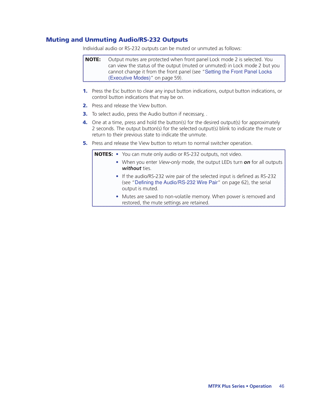 Extron electronic 68-1383-01 REV. E manual Muting and Unmuting Audio/RS-232 Outputs, Executive Modes on 