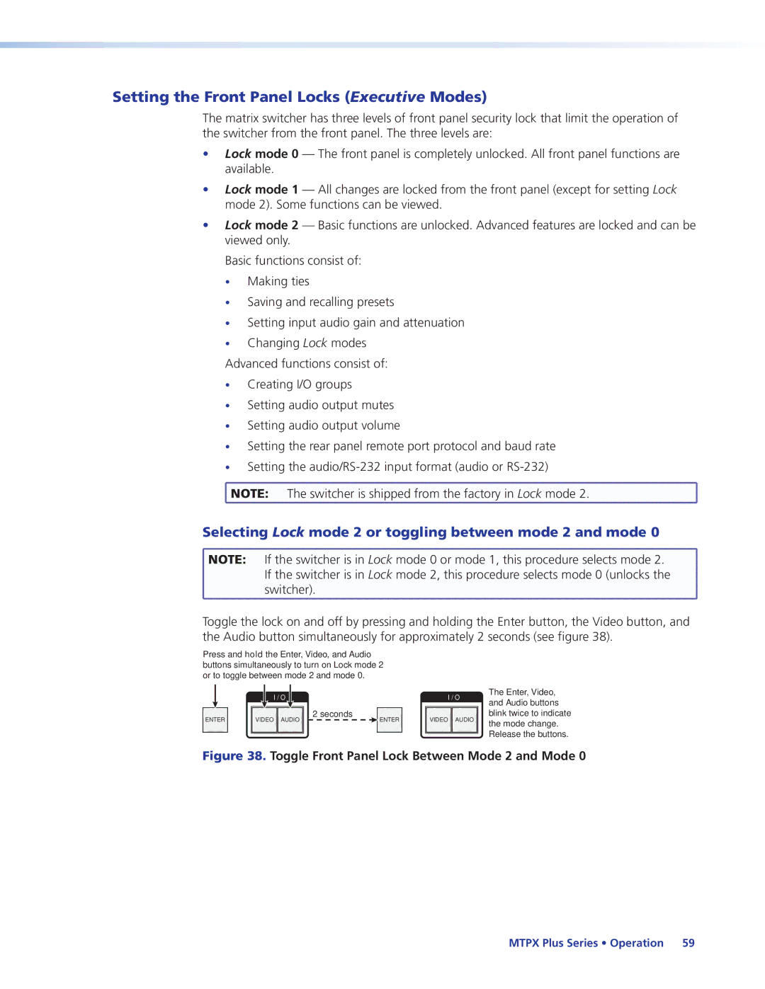 Extron electronic 68-1383-01 REV. E manual Setting the Front Panel Locks Executive Modes 