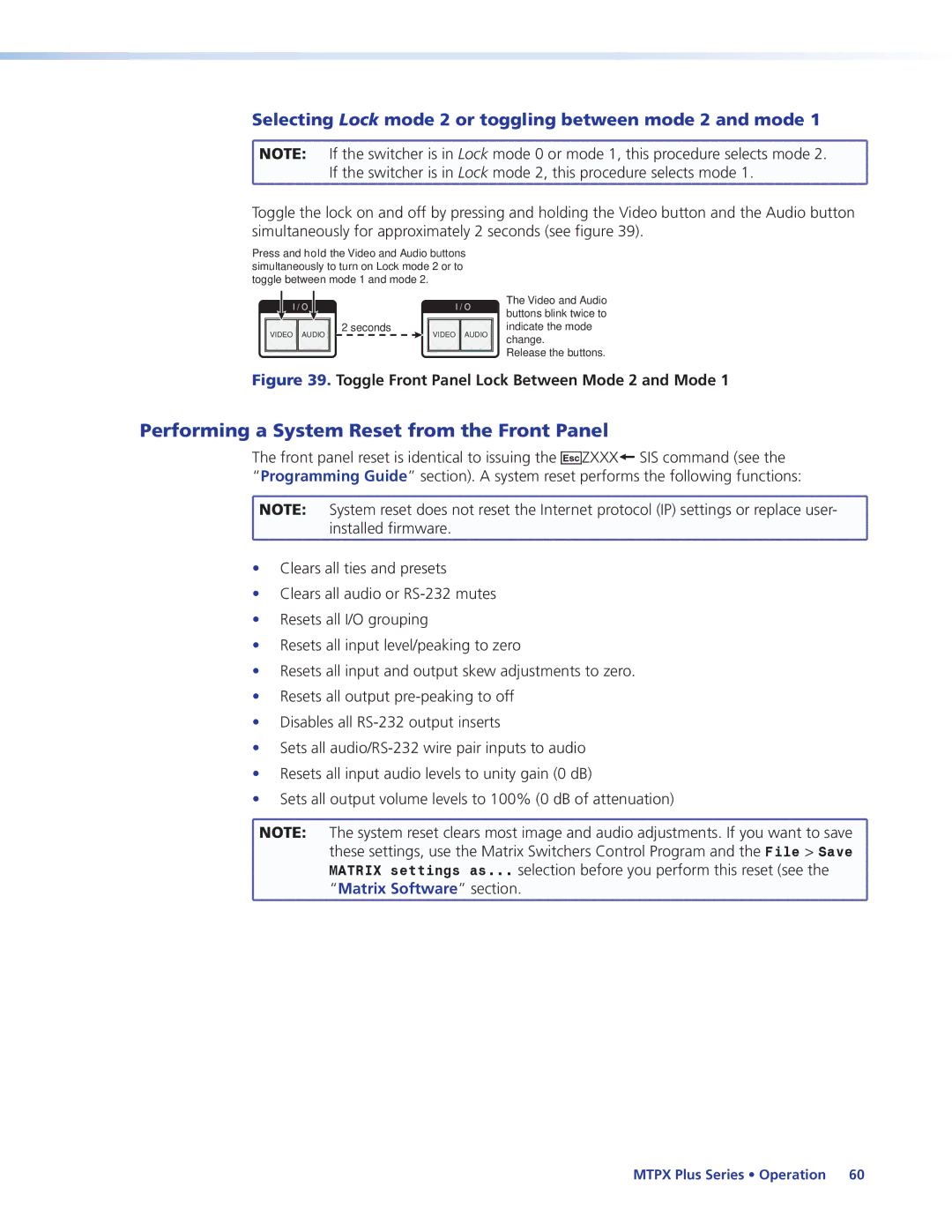 Extron electronic 68-1383-01 REV. E manual Performing a System Reset from the Front Panel, Matrix Software section 