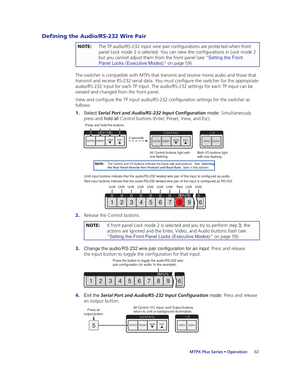 Extron electronic 68-1383-01 REV. E manual Defining the Audio/RS-232 Wire Pair, Panel Locks Executive Modes on 