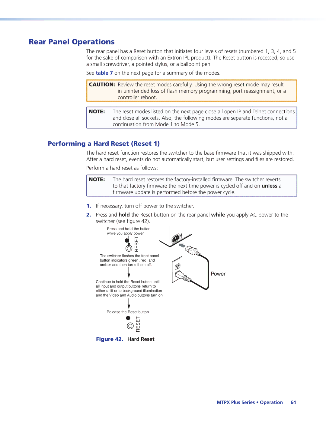 Extron electronic 68-1383-01 REV. E manual Rear Panel Operations, Performing a Hard Reset Reset 