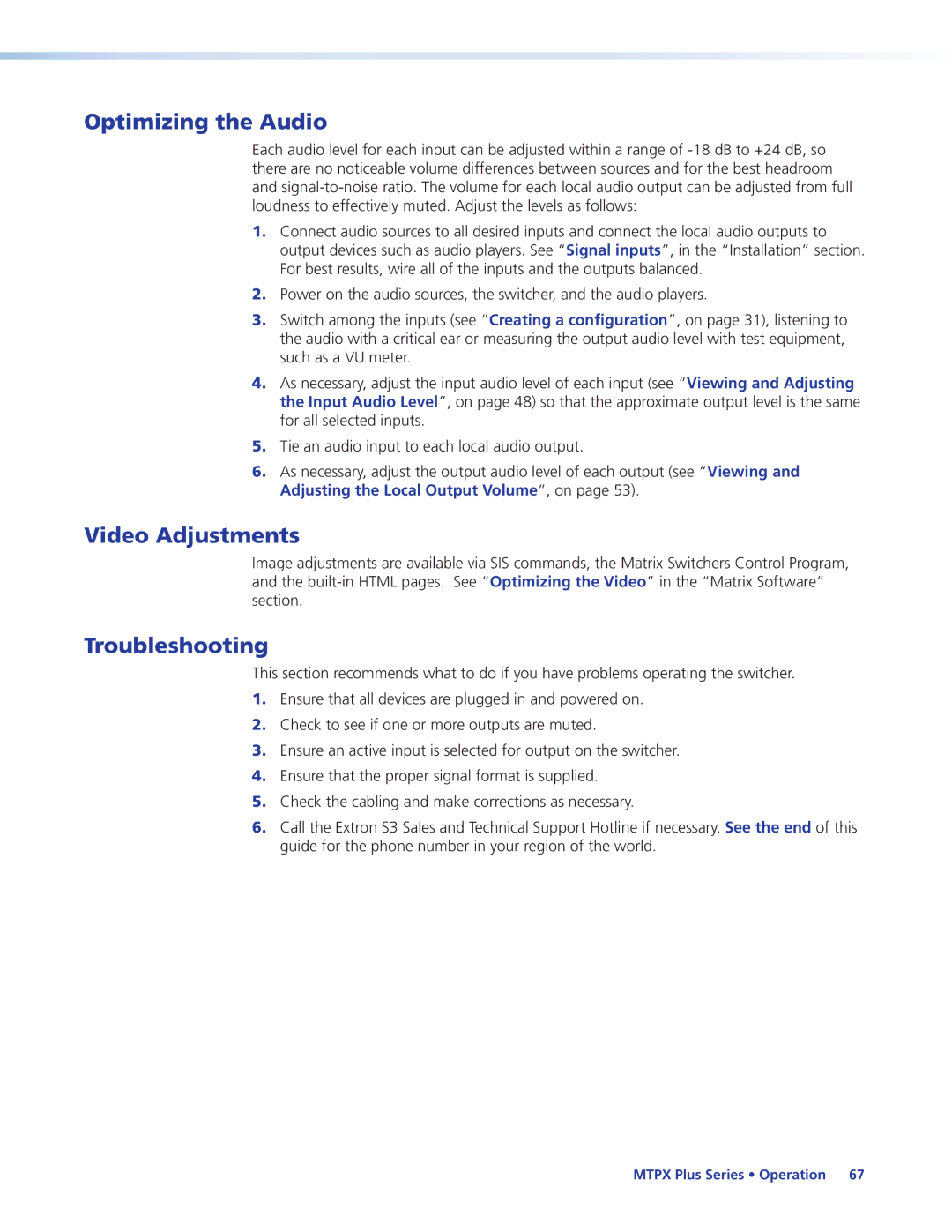 Extron electronic 68-1383-01 REV. E manual Optimizing the Audio, Video Adjustments, Troubleshooting 