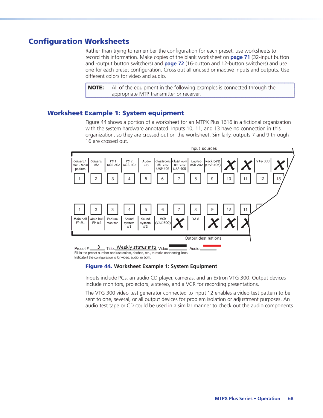 Extron electronic 68-1383-01 REV. E manual Configuration Worksheets, Worksheet Example 1 System equipment 