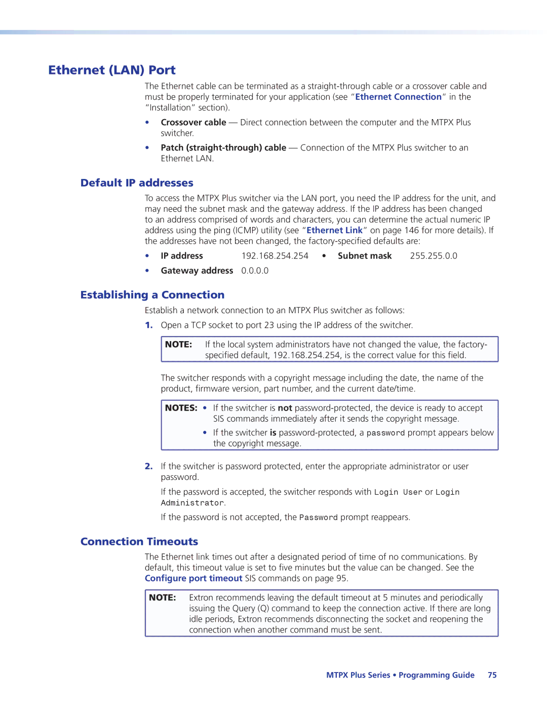 Extron electronic 68-1383-01 REV. E manual Ethernet LAN Port, Default IP addresses, Establishing a Connection 