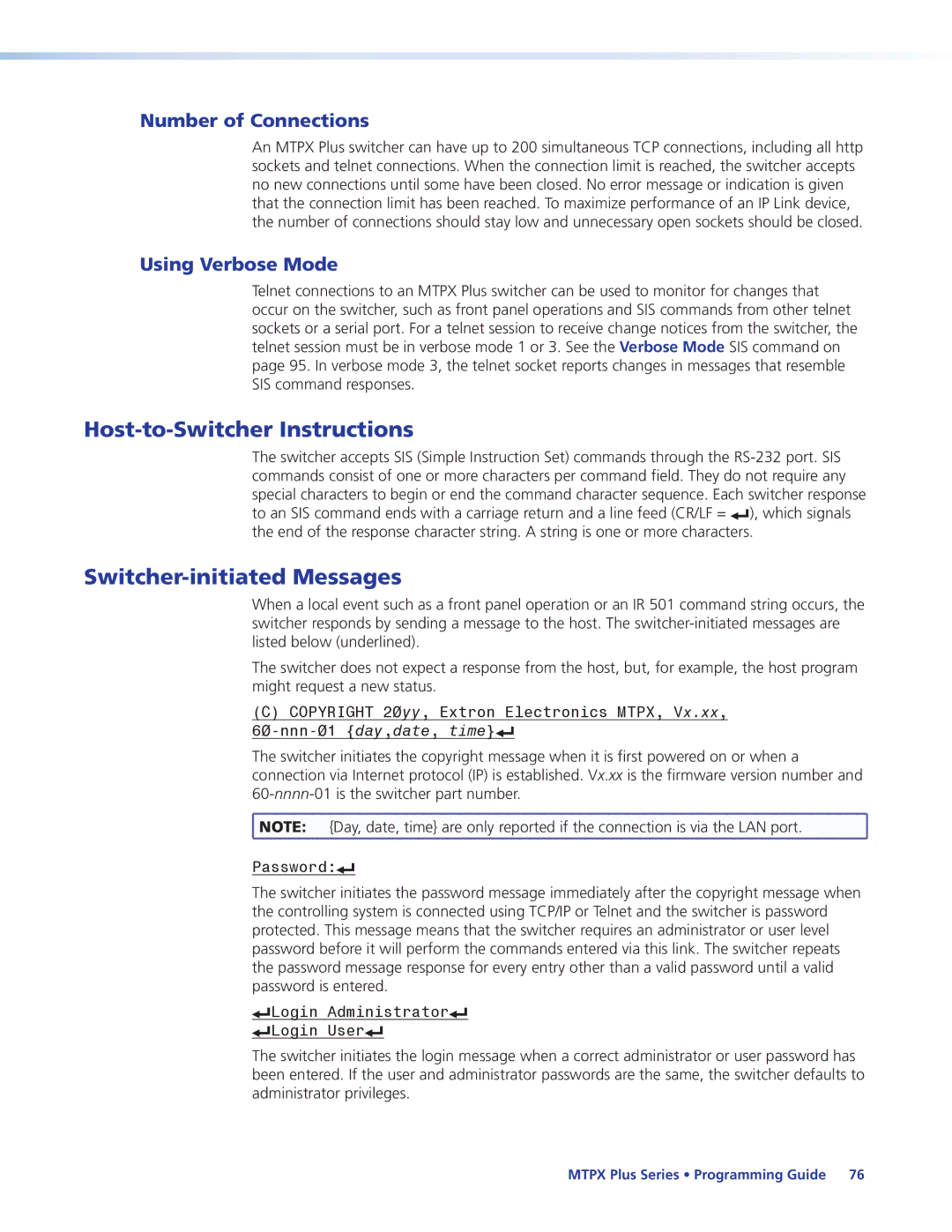 Extron electronic 68-1383-01 REV. E Host-to-Switcher Instructions, Switcher-initiated Messages, Number of Connections 