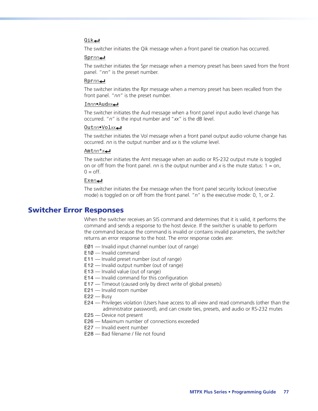 Extron electronic 68-1383-01 REV. E manual Switcher Error Responses, Exen 