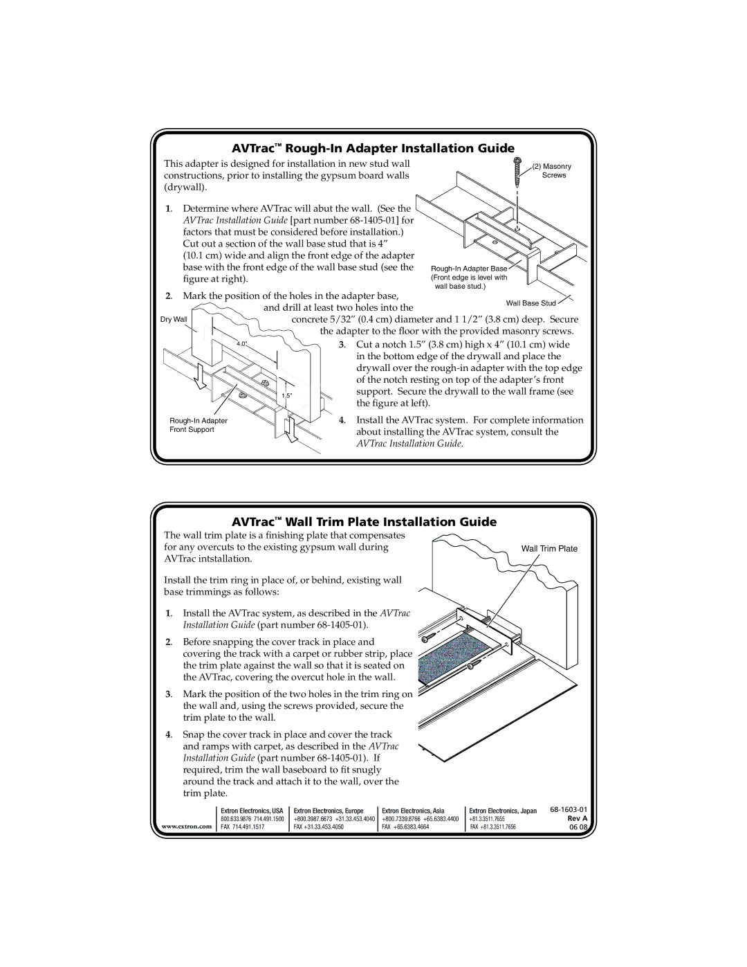 Extron electronic 68-1405-01 manual AVTrac Rough-In Adapter Installation Guide, AVTrac Wall Trim Plate Installation Guide 