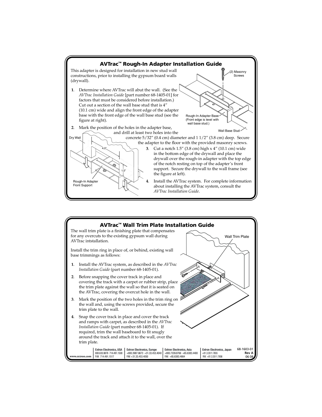 Extron electronic 68-1405-01 manual AVTrac Rough-In Adapter Installation Guide, AVTrac Wall Trim Plate Installation Guide 