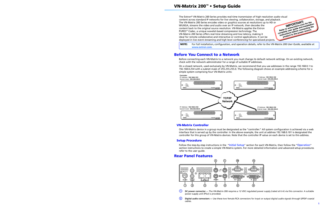 Extron electronic 68-1921-50 setup guide VN-Matrix 200 Setup Guide, Before You Connect to a Network, Rear Panel Features 