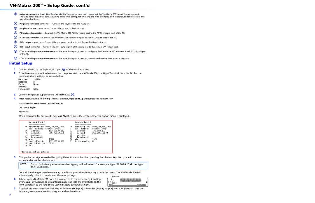 Extron electronic 68-1921-50 setup guide VN-Matrix 200 Setup Guide, cont’d, Initial Setup 