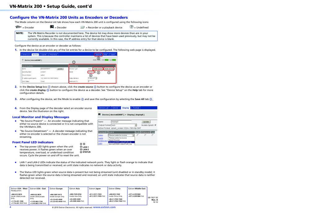Extron electronic 68-1921-50 Configure the VN-Matrix 200 Units as Encoders or Decoders, Front Panel LED indicators, Rev. a 