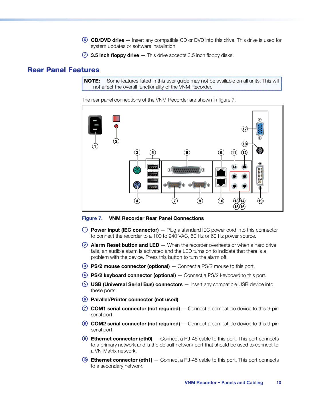 Extron electronic 68-1998-01 REV. C manual Rear Panel Features, Parallel/Printer connector not used 