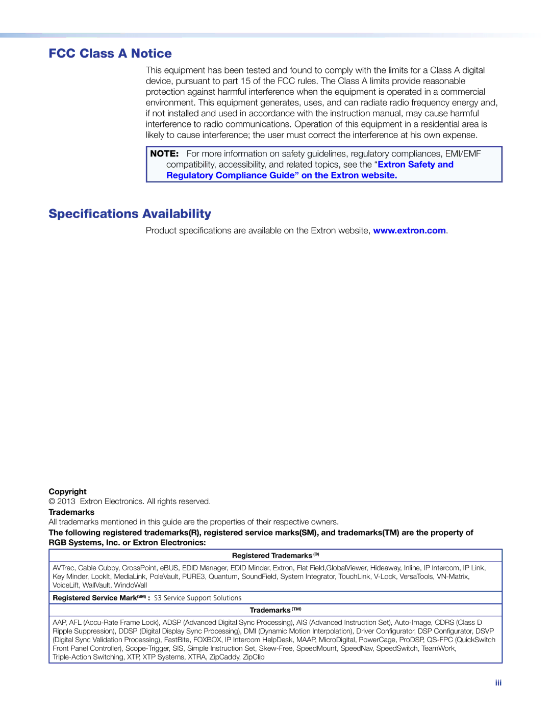 Extron electronic 68-1998-01 REV. C manual FCC Class a Notice, Specifications Availability 