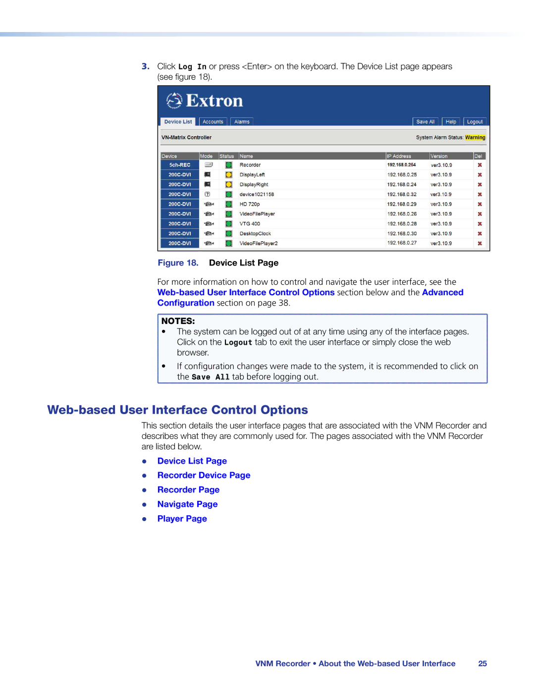 Extron electronic 68-1998-01 REV. C manual Web-based User Interface Control Options, Device List 