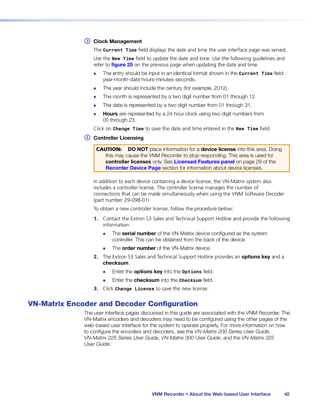 Extron electronic 68-1998-01 REV. C VN-Matrix Encoder and Decoder Configuration, Clock Management, Controller Licensing 