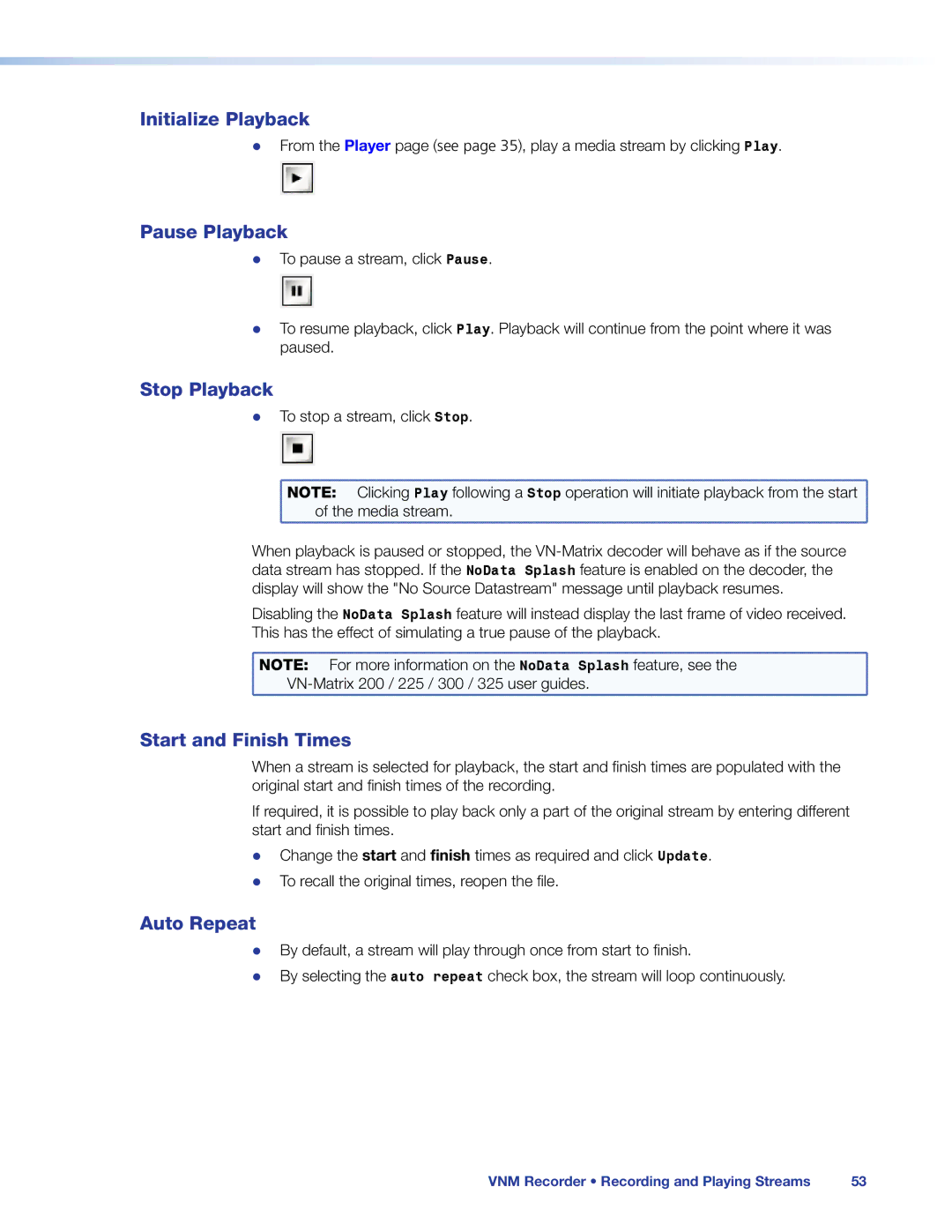 Extron electronic 68-1998-01 REV. C manual Initialize Playback, Pause Playback, Stop Playback, Start and Finish Times 