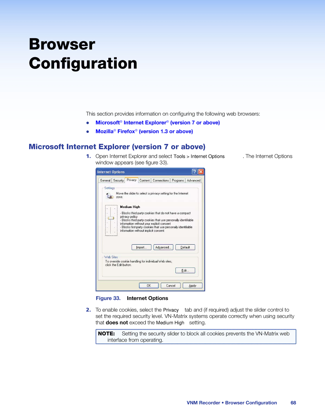 Extron electronic 68-1998-01 REV. C manual Browser Configuration, Microsoft Internet Explorer version 7 or above 