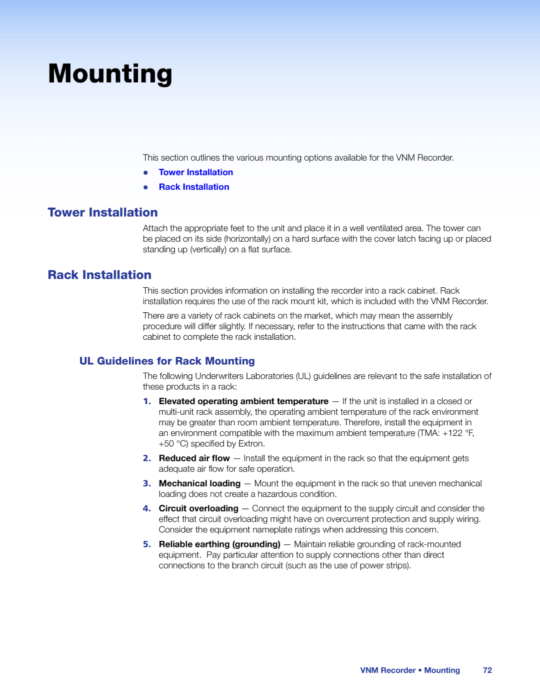 Extron electronic 68-1998-01 REV. C manual Tower Installation, Rack Installation, UL Guidelines for Rack Mounting 