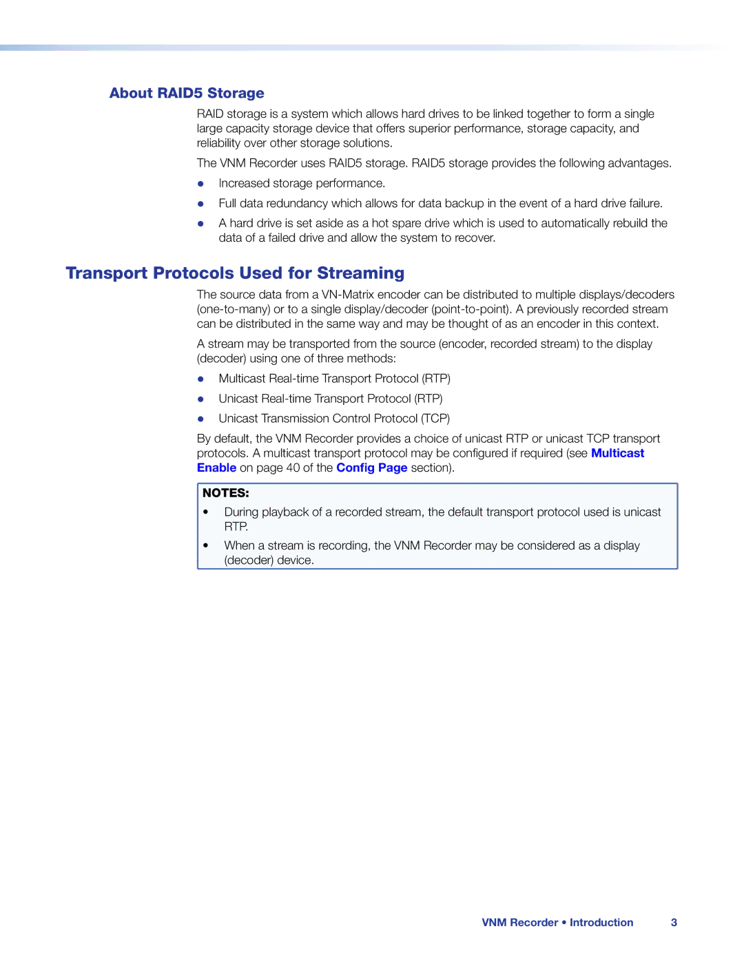 Extron electronic 68-1998-01 REV. C manual Transport Protocols Used for Streaming, About RAID5 Storage, Decoder device 