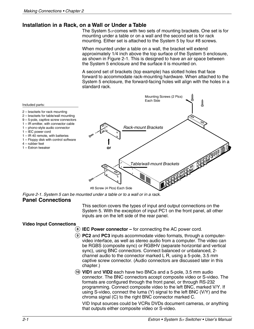 Extron electronic 68-388-01 Installation in a Rack, on a Wall or Under a Table, Panel Connections, Video Input Connections 