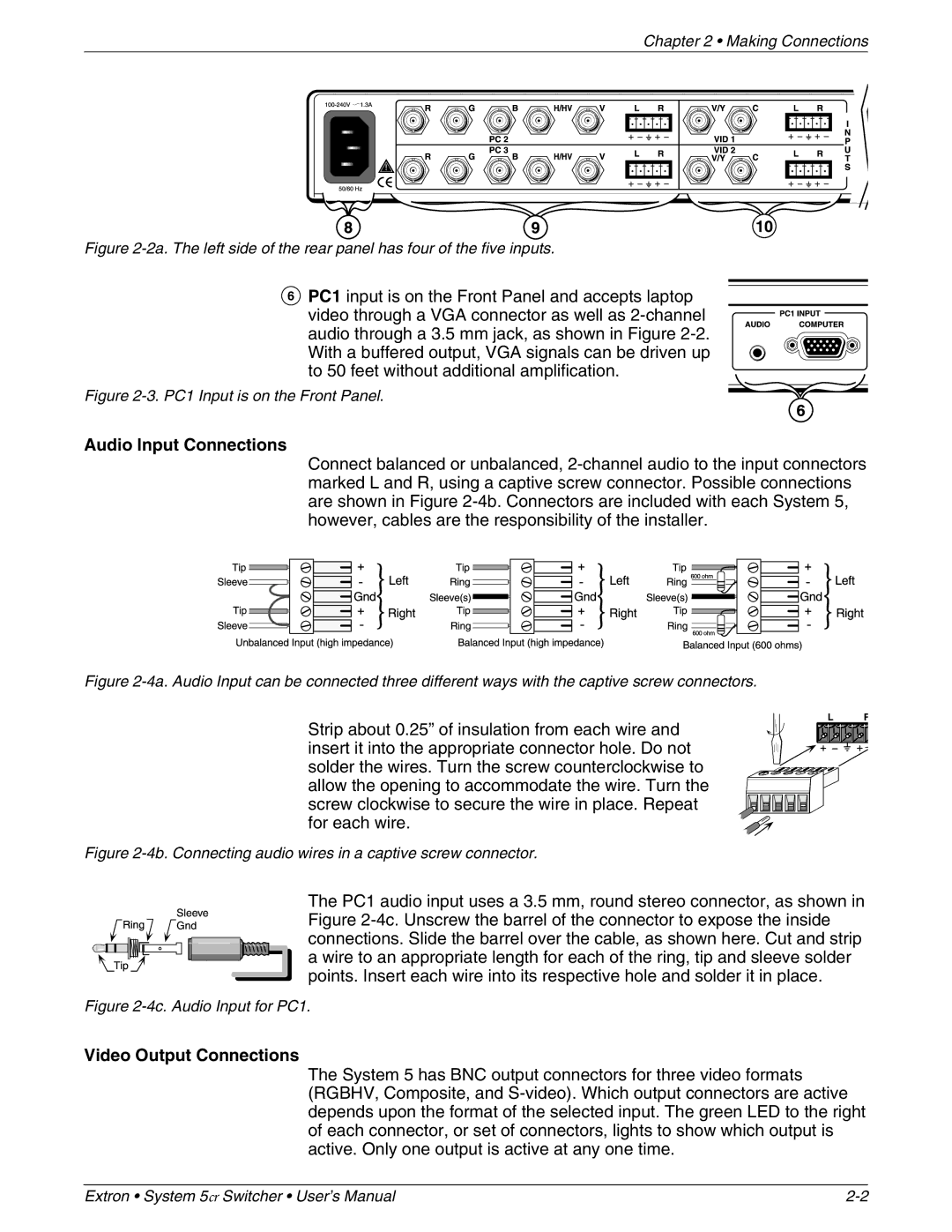 Extron electronic 68-388-01 manual Audio Input Connections, Video Output Connections 