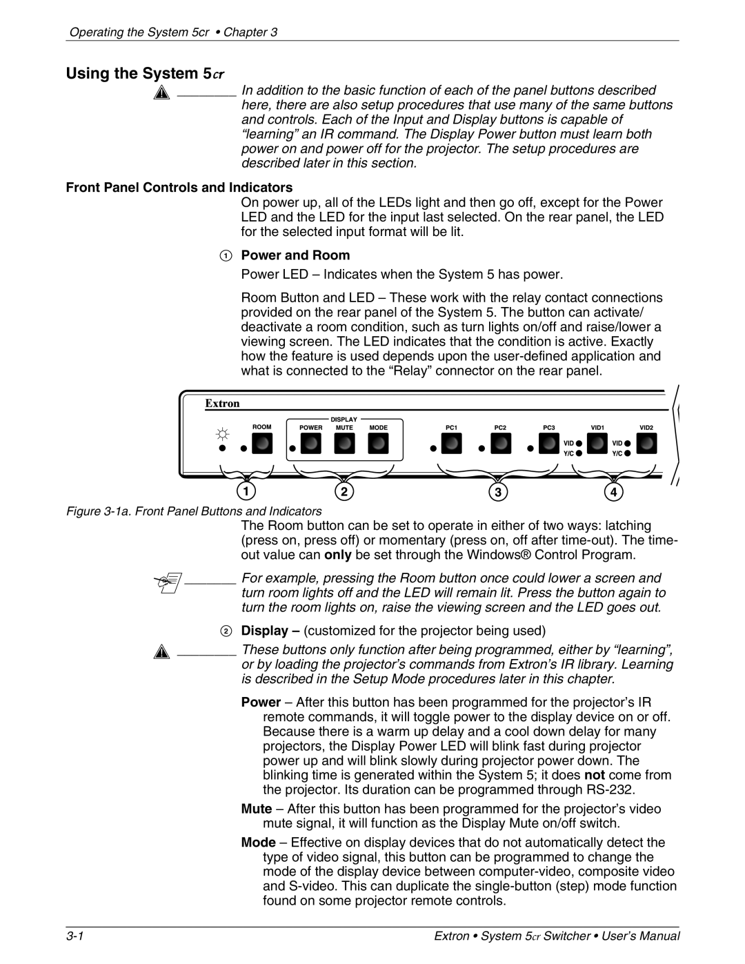 Extron electronic 68-388-01 manual Using the System 5cr, Front Panel Controls and Indicators, Power and Room 