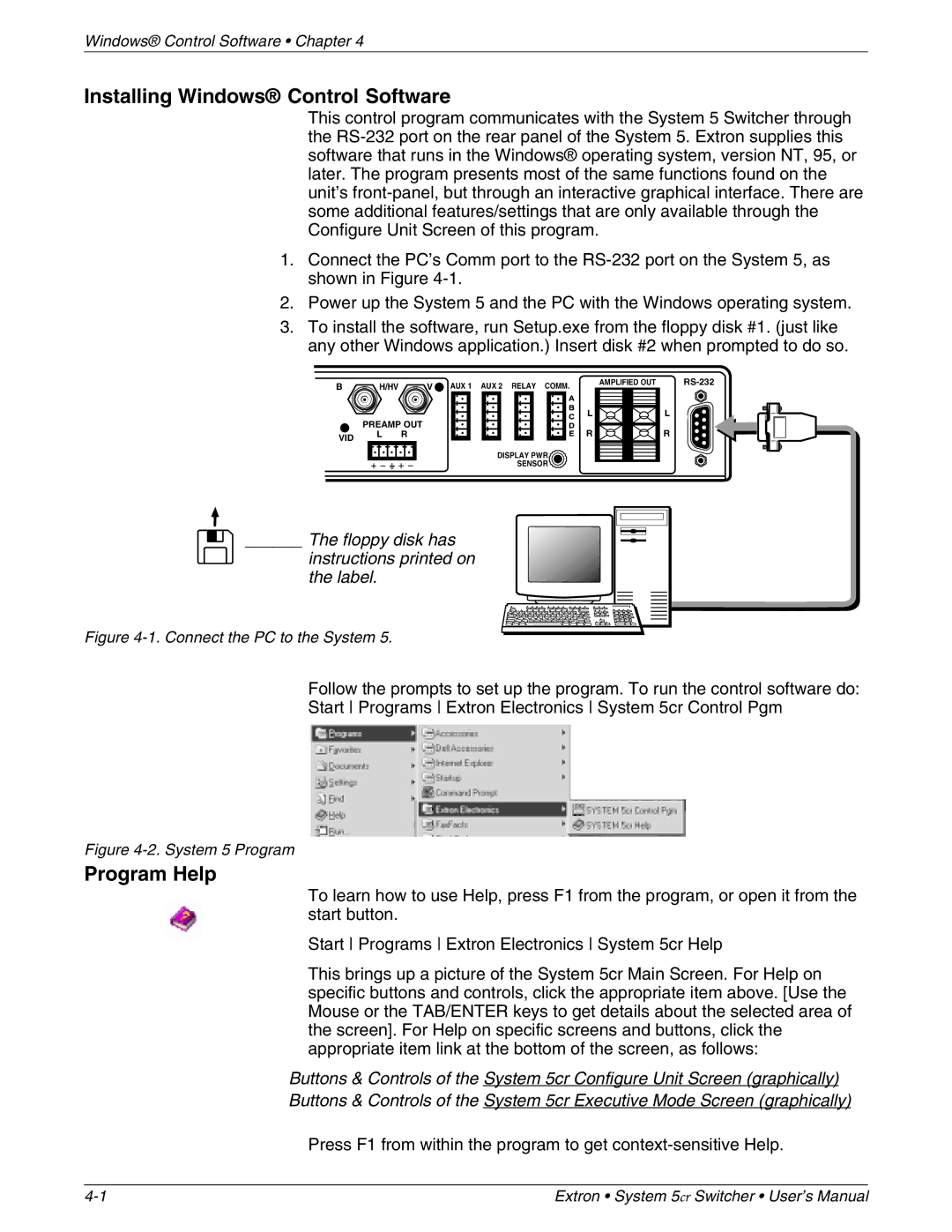 Extron electronic 68-388-01 manual Installing Windows Control Software, Program Help 