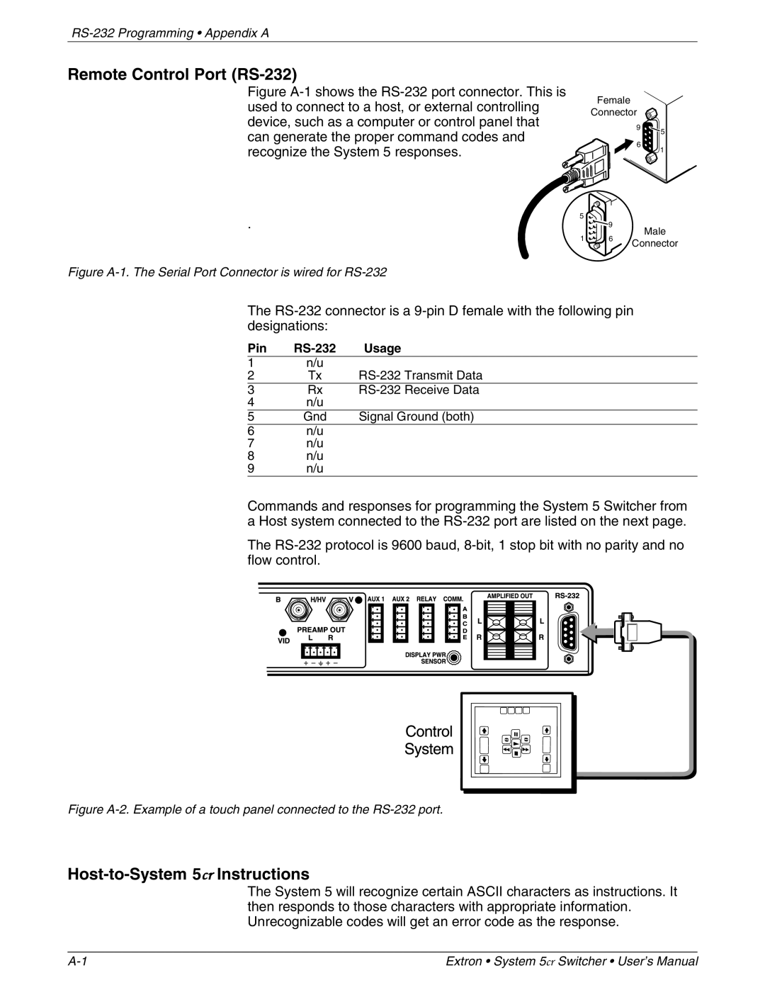 Extron electronic 68-388-01 manual Remote Control Port RS-232, Host-to-System 5cr Instructions 