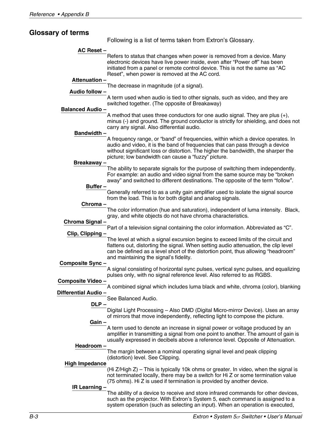 Extron electronic 68-388-01 manual Glossary of terms, Following is a list of terms taken from Extron’s Glossary 