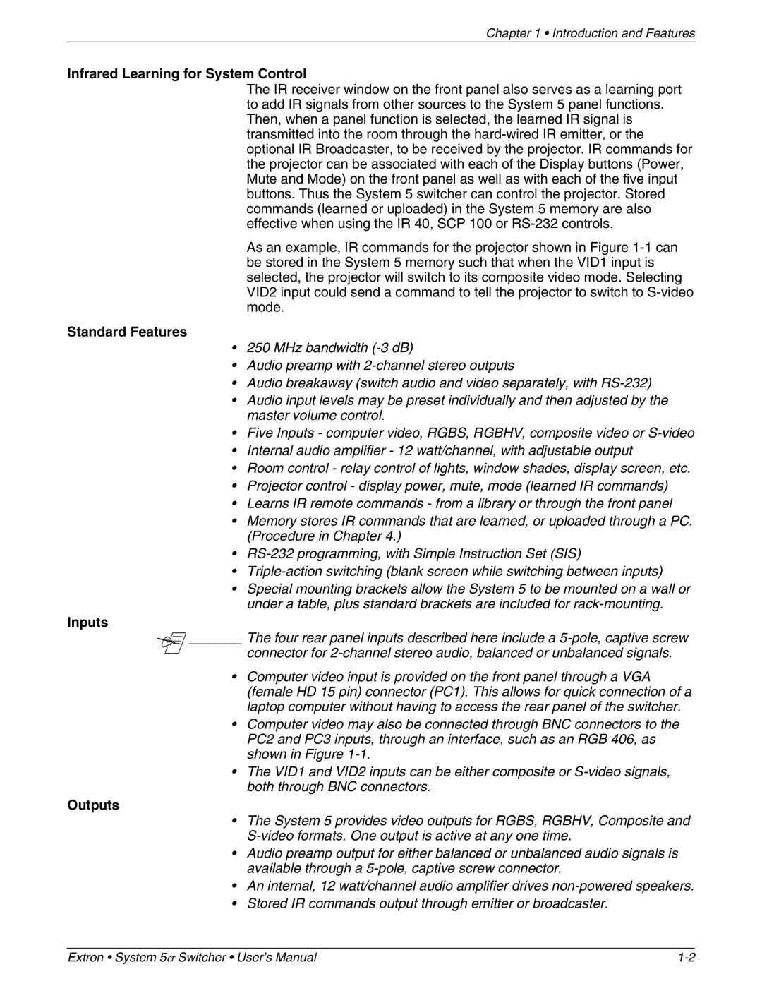 Extron electronic 68-388-01 manual Infrared Learning for System Control, Standard Features, Inputs, Outputs 