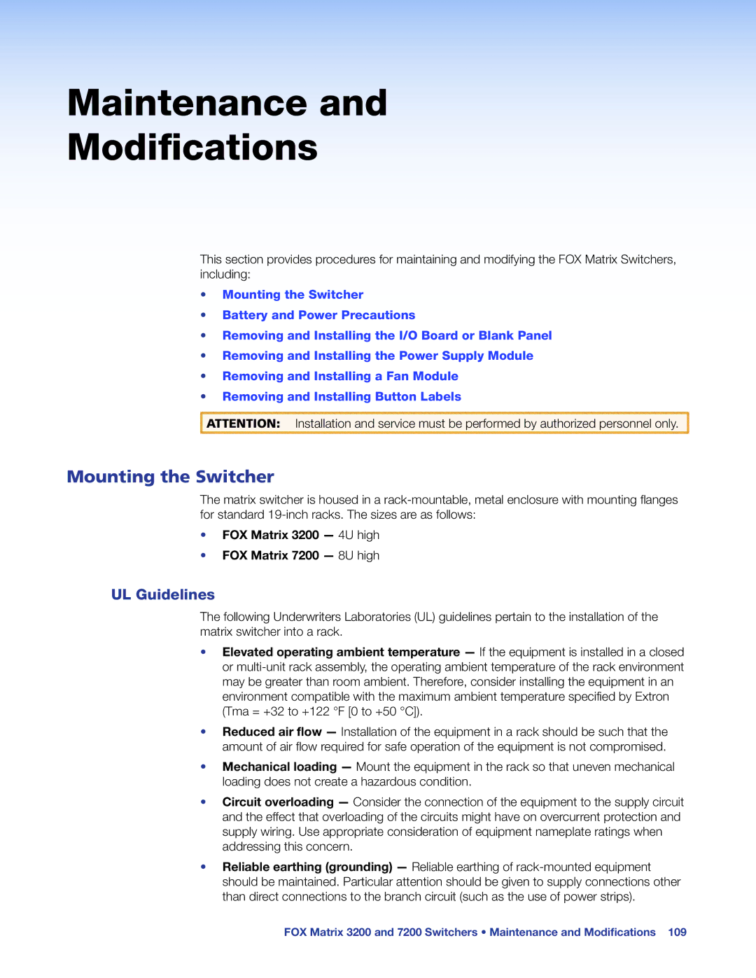 Extron electronic manual Mounting the Switcher, UL Guidelines, FOX Matrix 3200 4U high FOX Matrix 7200 8U high 