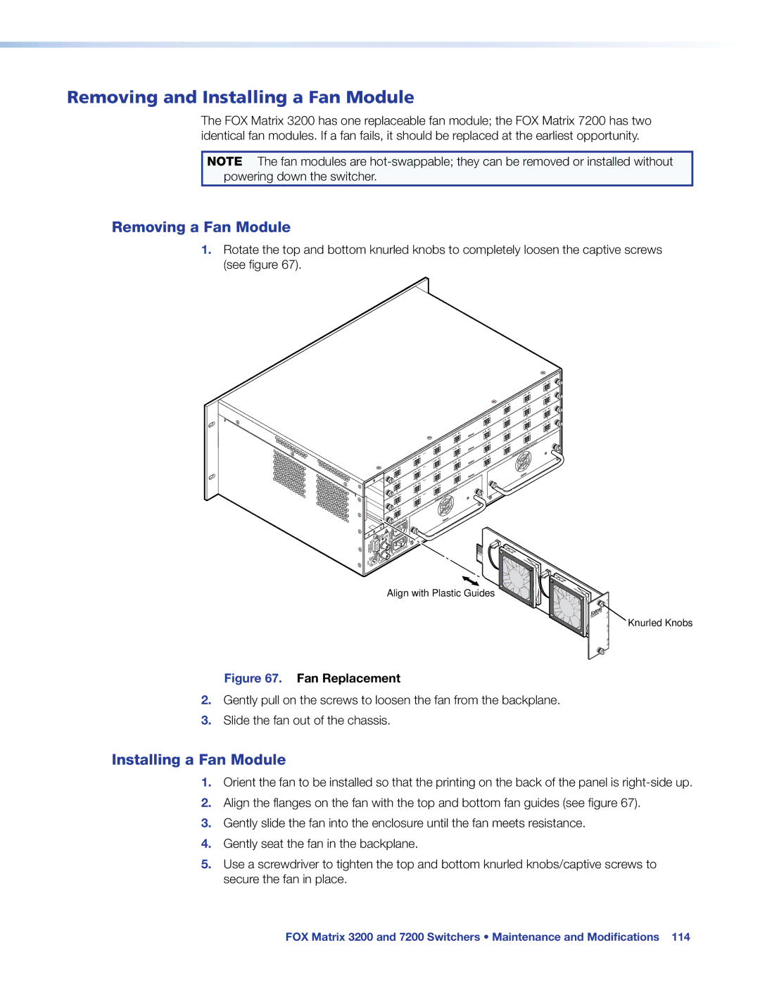Extron electronic 7200, 3200 manual Removing and Installing a Fan Module, Removing a Fan Module 