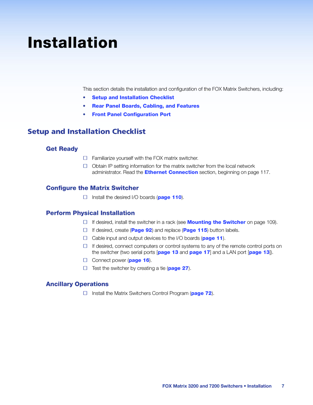 Extron electronic 3200 Setup and Installation Checklist, Get Ready, Configure the Matrix Switcher, Ancillary Operations 