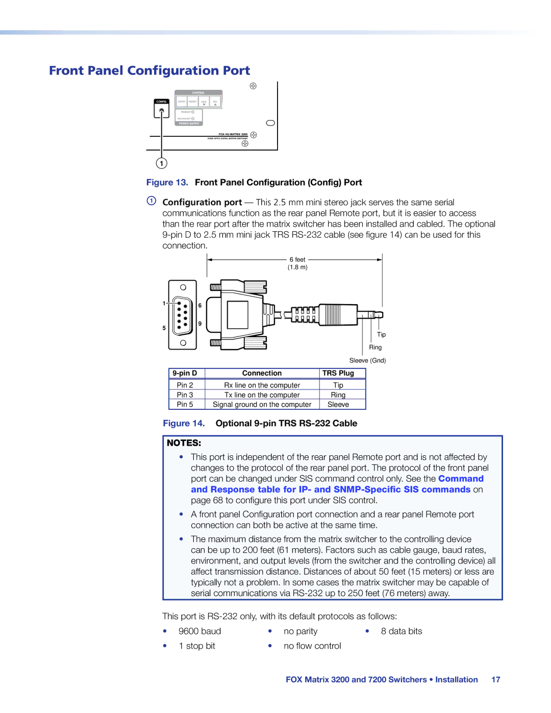 Extron electronic 3200, 7200 manual Front Panel Configuration Port, Optional 9-pin TRS RS-232 Cable 