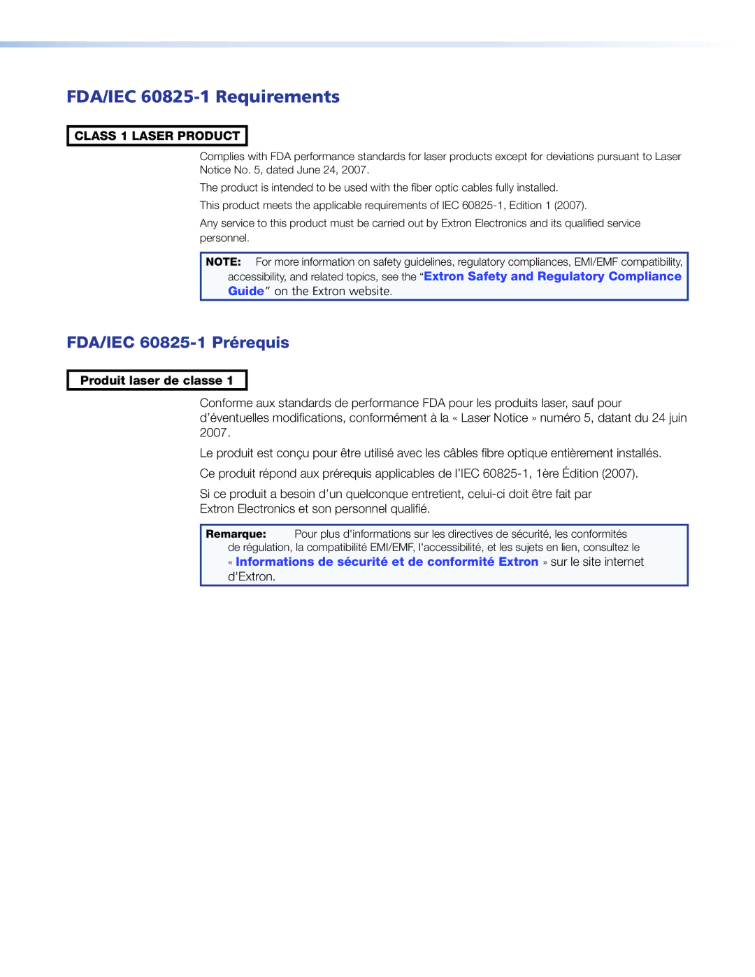 Extron electronic 7200, 3200 manual FDA/IEC 60825-1 Requirements, Produit laser de classe 