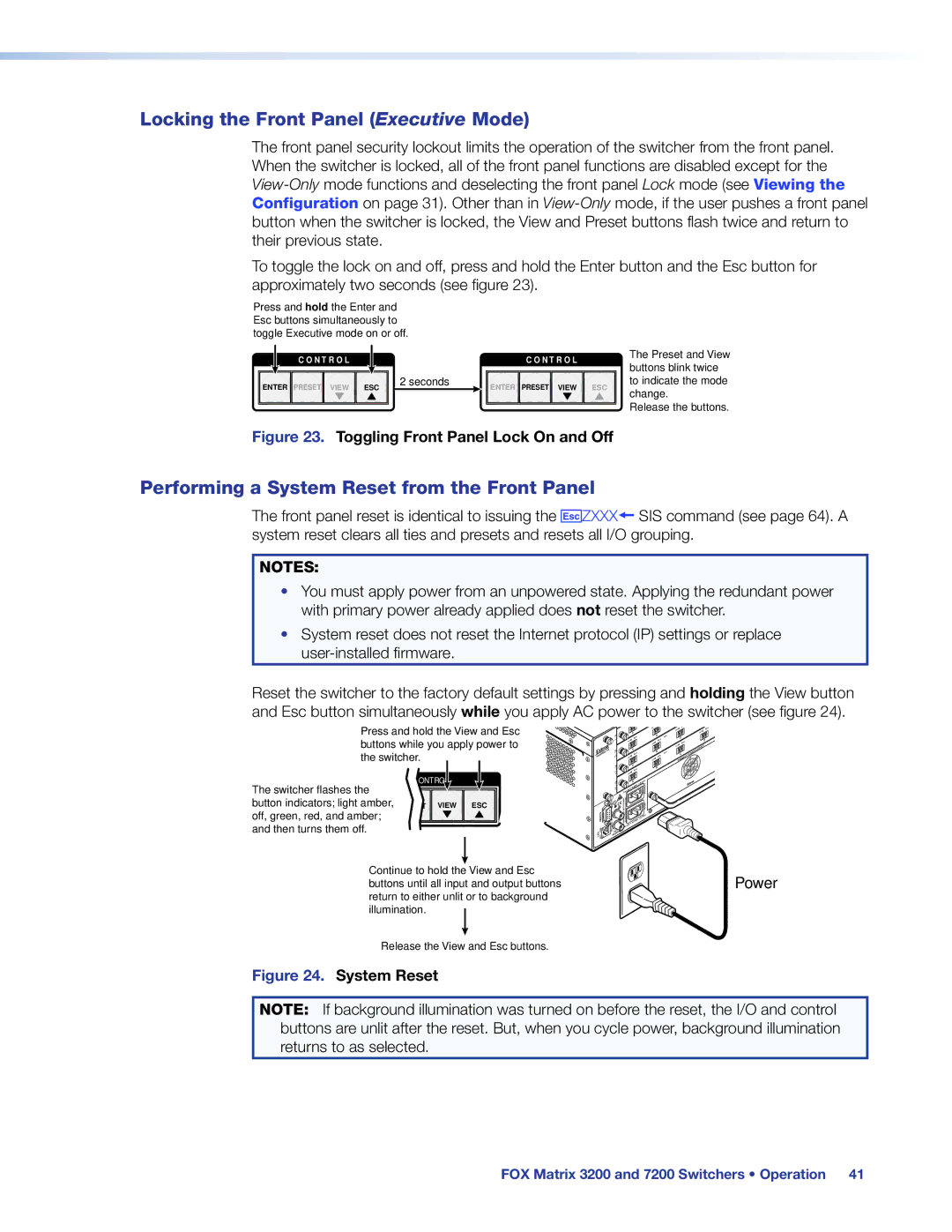 Extron electronic 3200, 7200 manual Locking the Front Panel Executive Mode, Performing a System Reset from the Front Panel 