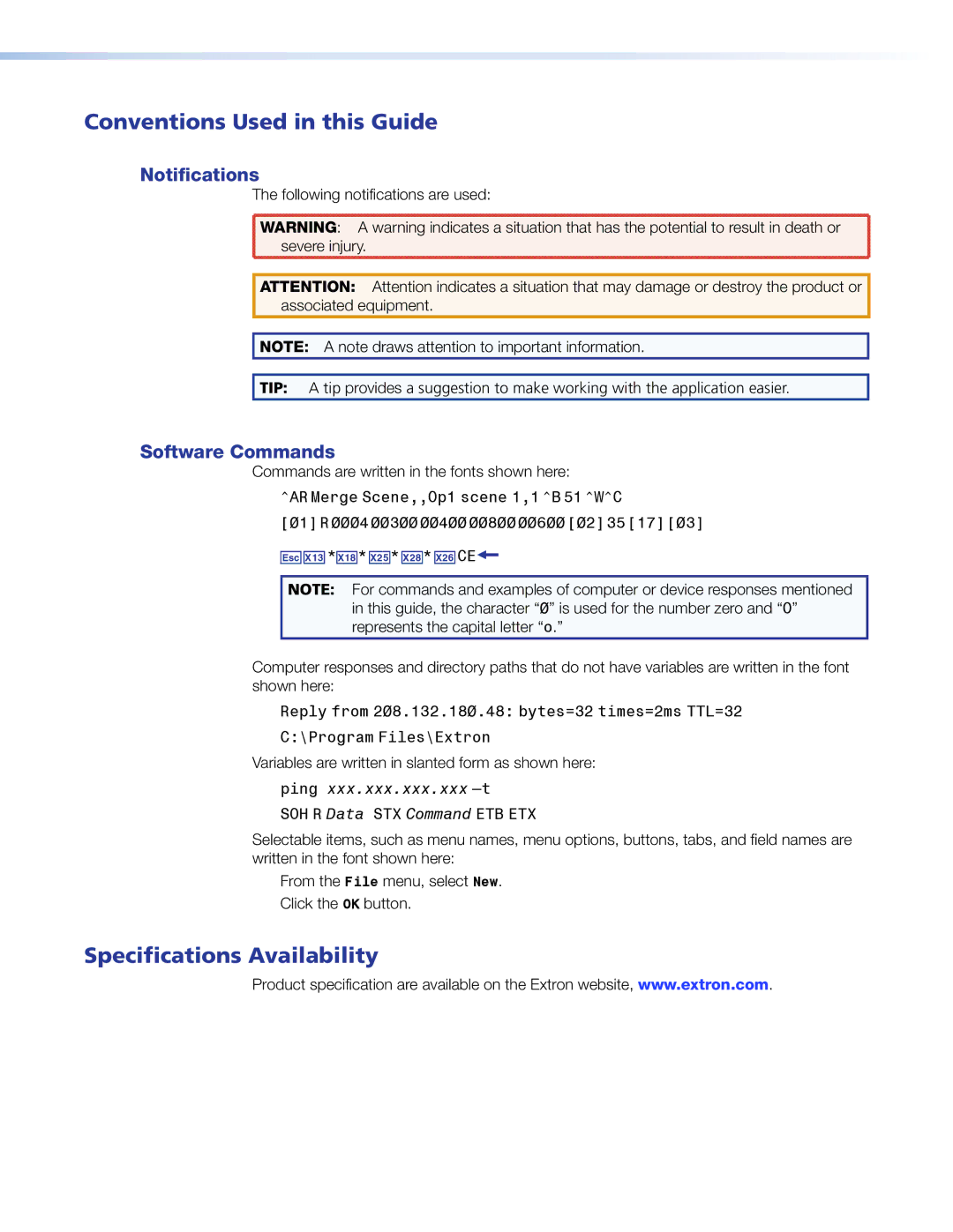 Extron electronic 3200, 7200 Conventions Used in this Guide, Specifications Availability, Notifications, Software Commands 