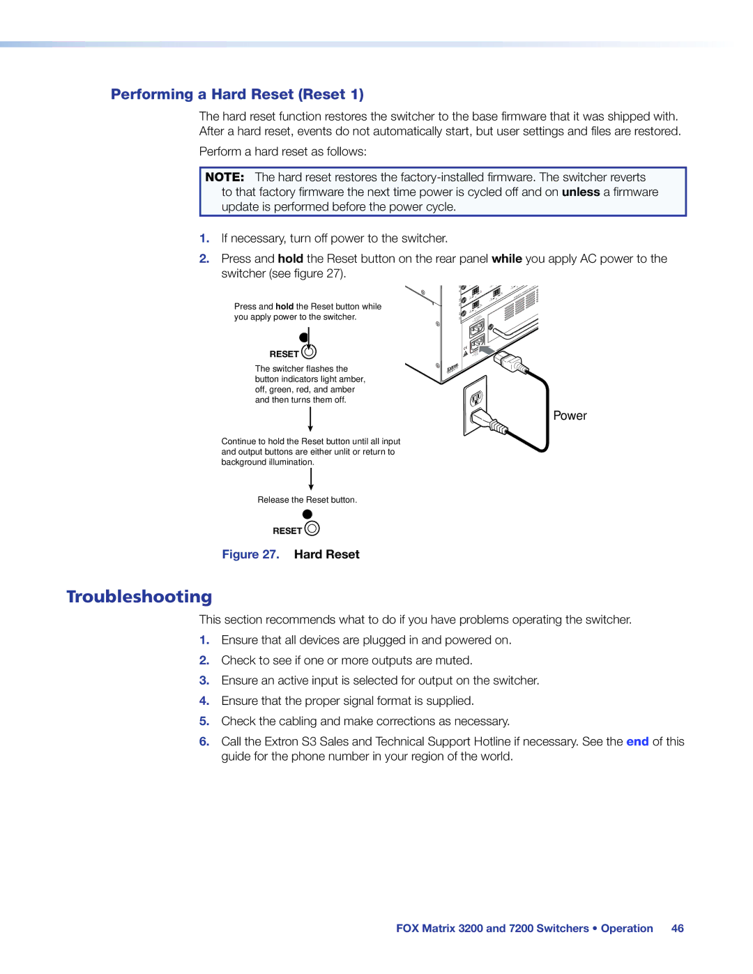 Extron electronic 7200, 3200 manual Troubleshooting, Performing a Hard Reset Reset 