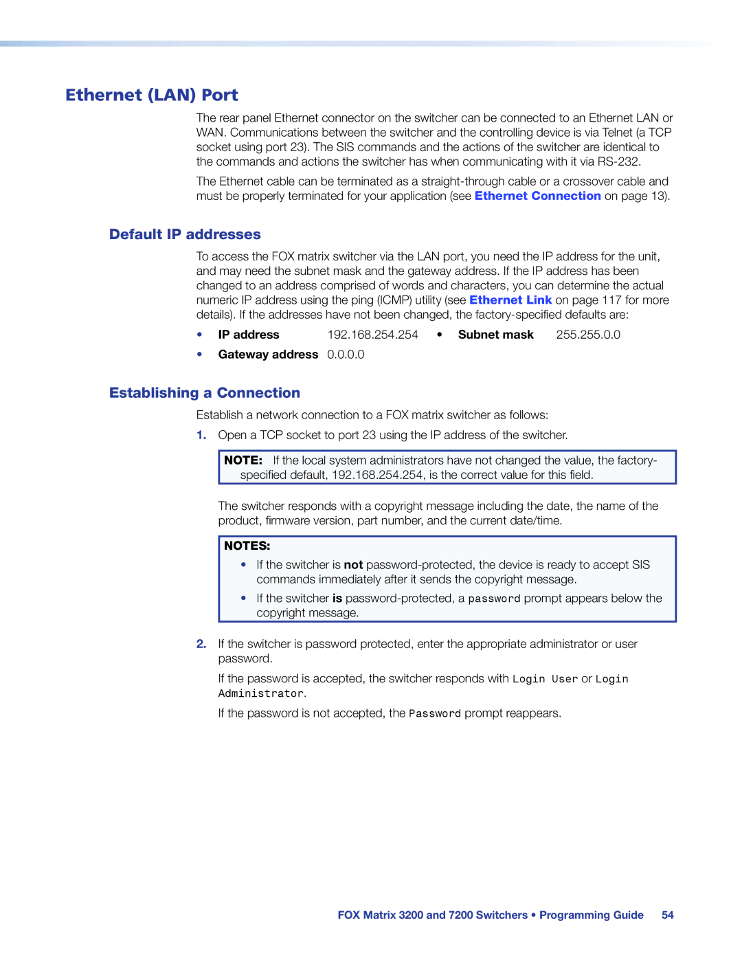 Extron electronic 7200, 3200 manual Ethernet LAN Port, Default IP addresses, Establishing a Connection 