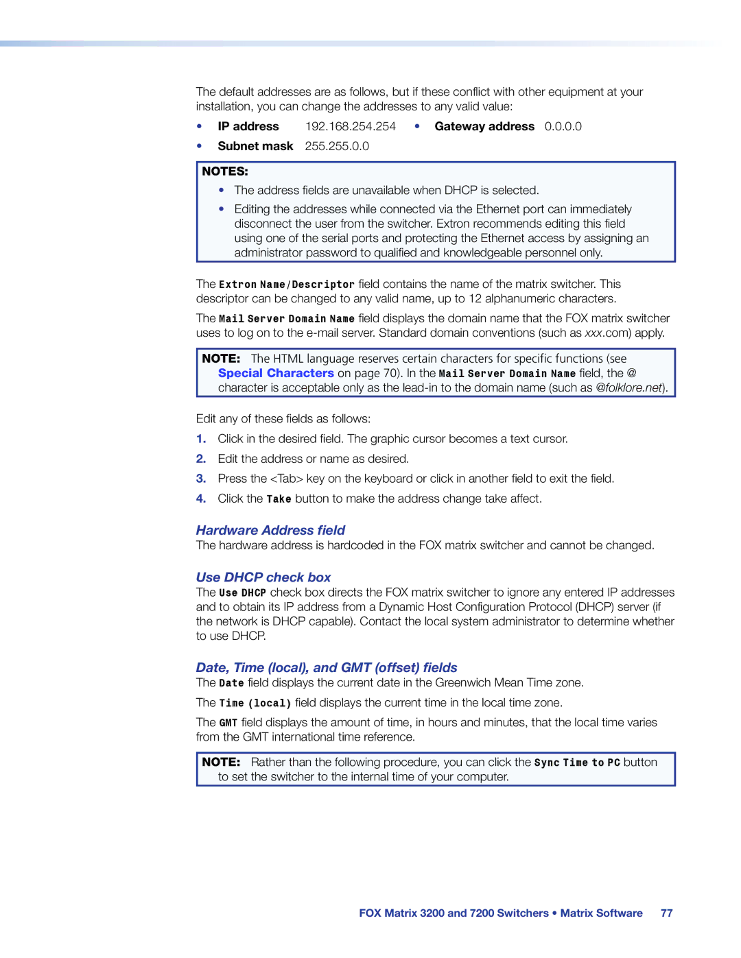 Extron electronic 3200, 7200 manual Hardware Address field, Use Dhcp check box, Date, Time local, and GMT offset fields 